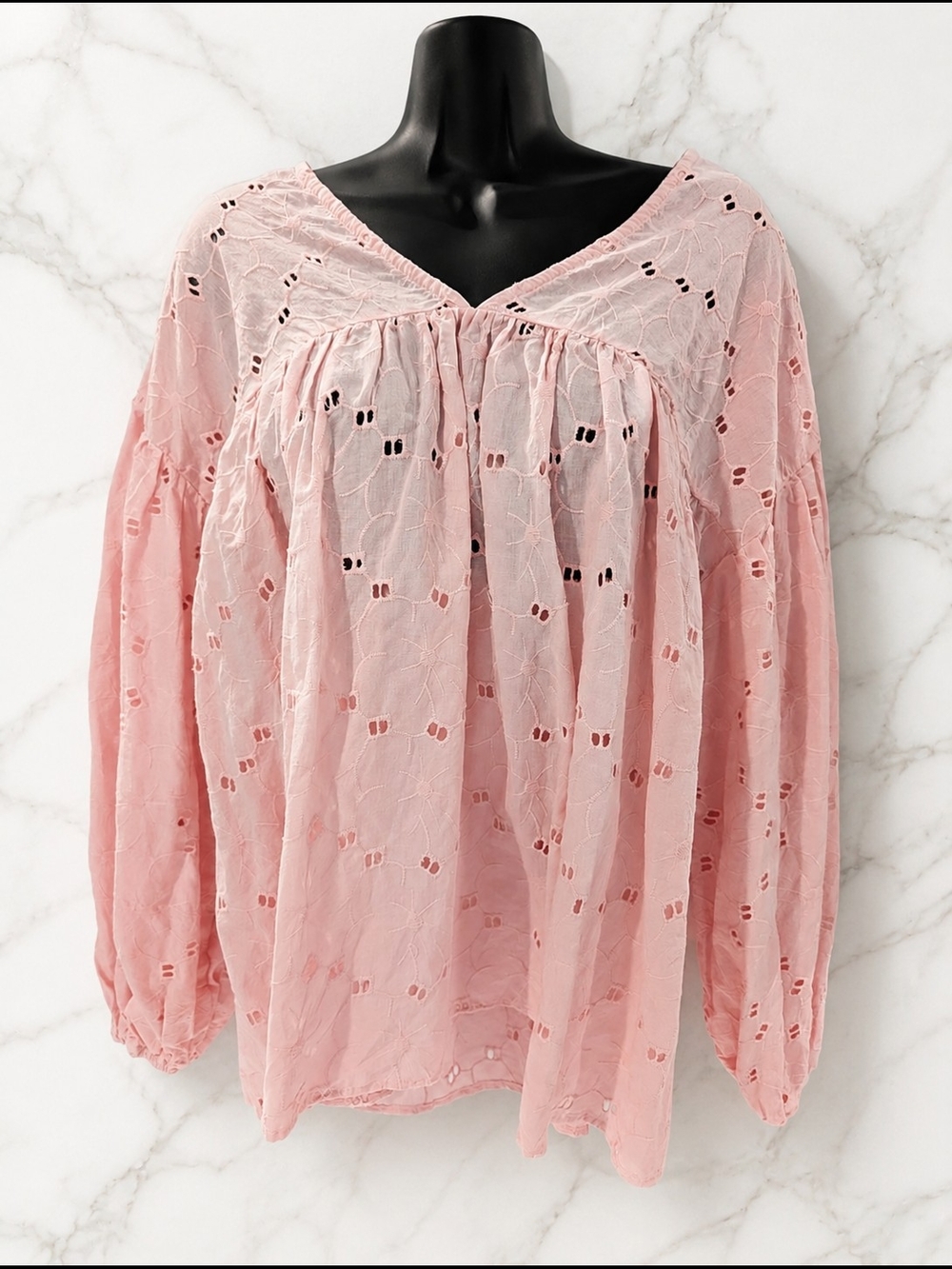 Impressions Pink Eyelet Embroidered Boho Babydoll Blouse Balloon Sleeve Top S